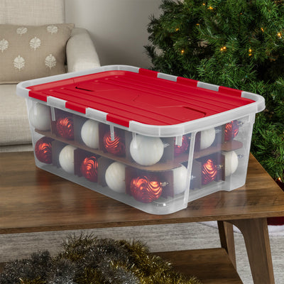 Sterilite 6 Pack 40 Qt Hinged Lid Ornament Storage Box with Dividers, Rocket Red