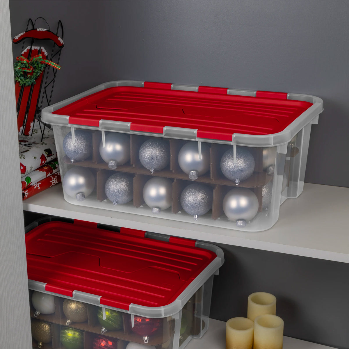 Sterilite 6 Pack 40 Qt Hinged Lid Ornament Storage Box with Dividers, Rocket Red
