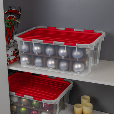 Sterilite 6 Pack 40 Qt Hinged Lid Ornament Storage Box with Dividers, Rocket Red