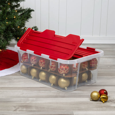 Sterilite 6 Pack 40 Qt Hinged Lid Ornament Storage Box with Dividers, Rocket Red