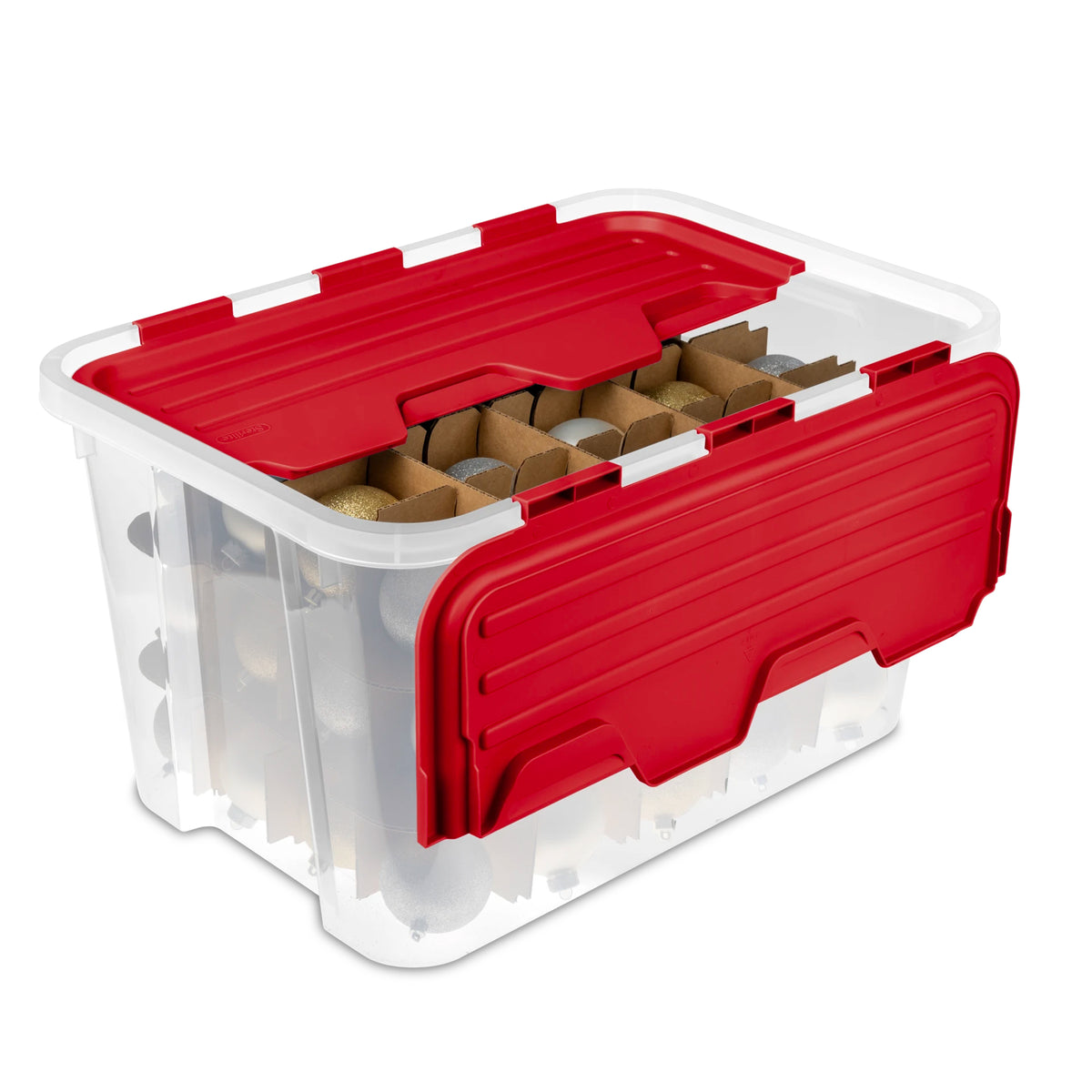 Sterilite 4 Pack 60 Qt Hinged Lid Ornament Storage Box with Dividers, Rocket Red