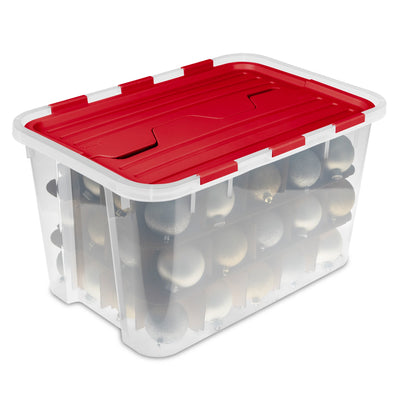 Sterilite 4 Pack 60 Qt Hinged Lid Ornament Storage Box with Dividers, Rocket Red