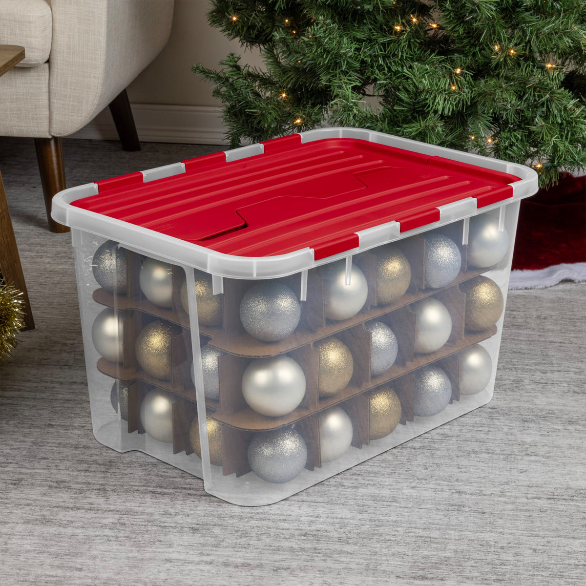Sterilite 4 Pack 60 Qt Hinged Lid Ornament Storage Box with Dividers, Rocket Red