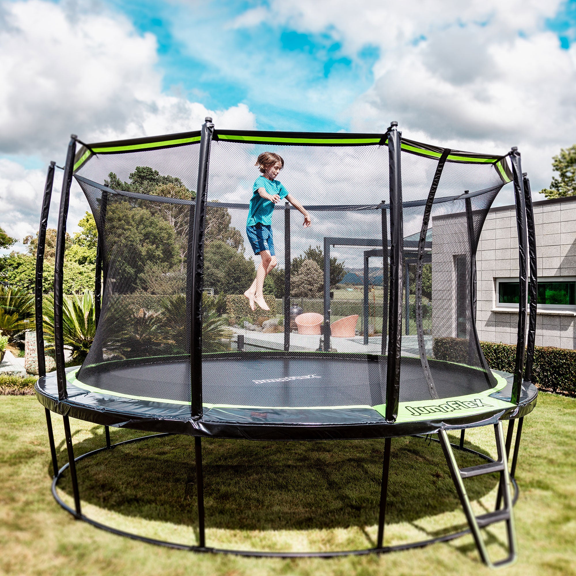 JumpFlex HERO 14' Trampoline Outdoor Set with AquaJet Multi-Spray Sprinkler Hose - VMInnovations