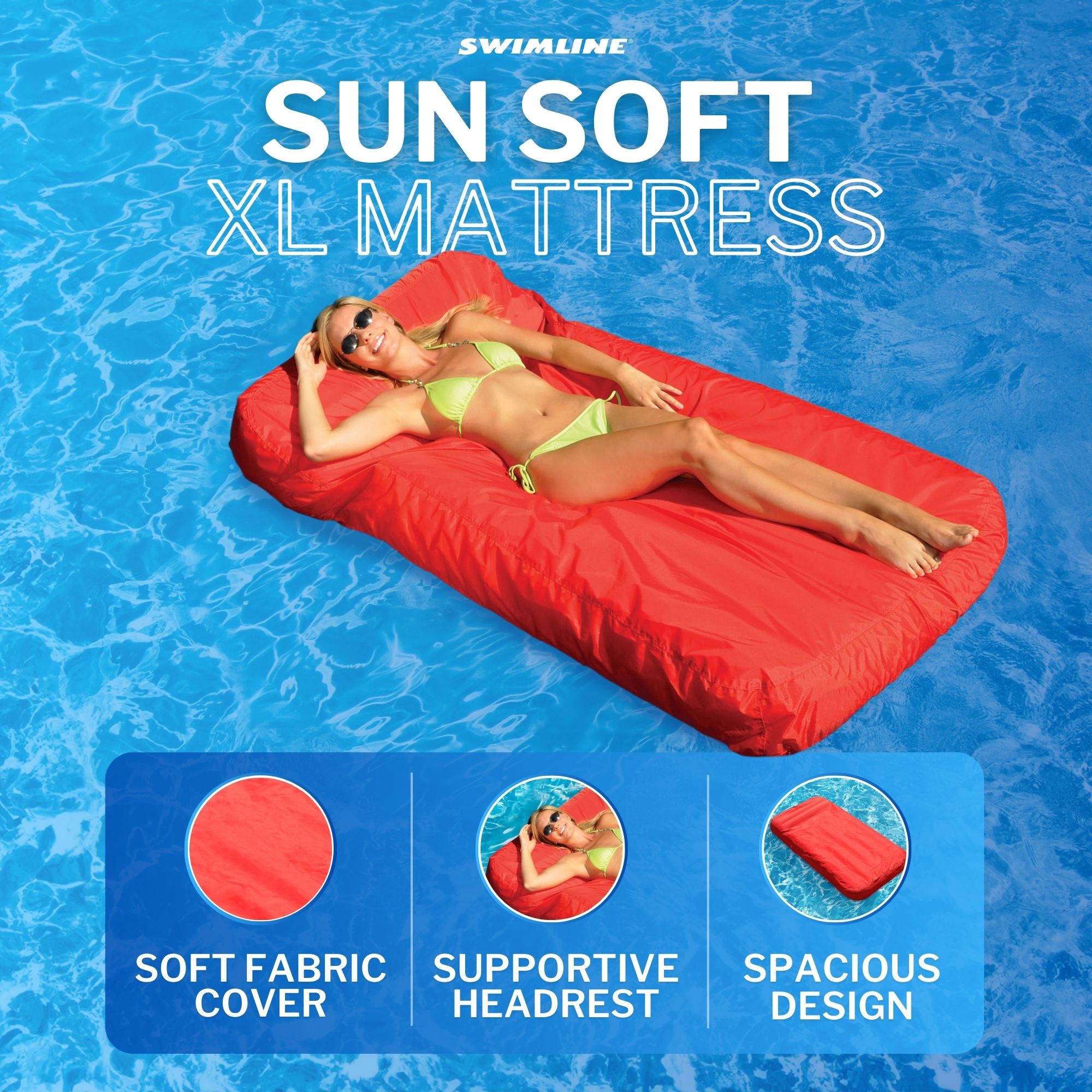Solstice Sunsoft Fabric Covered Oversized Inflatable Water Mattress Island, Red - VMInnovations