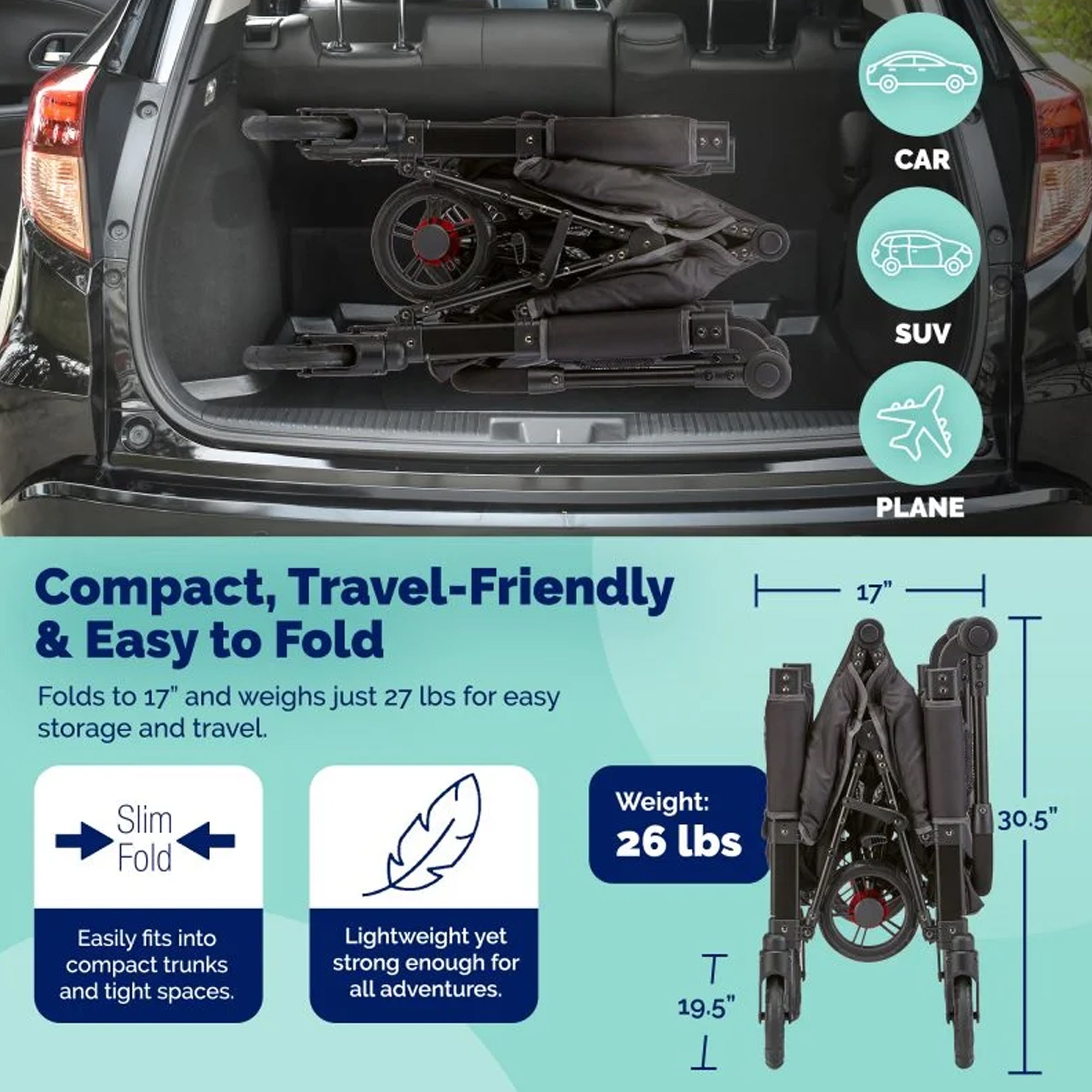 Kolcraft 360 Cloud Plus Stroller Wagon with Foldable Design and Car Seat Straps