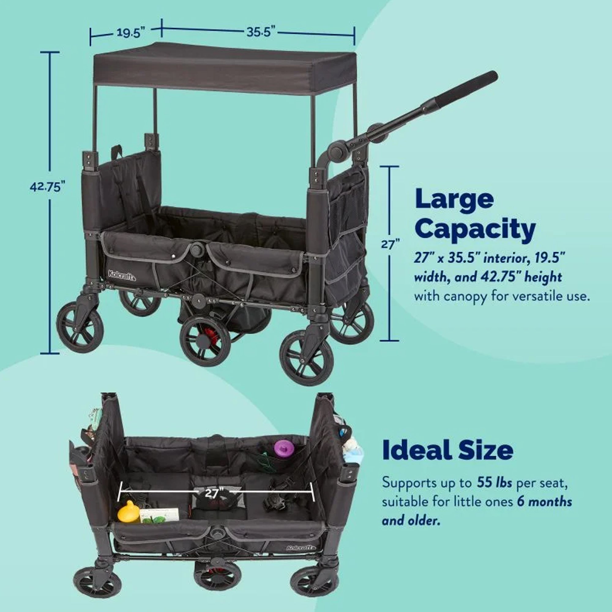 Kolcraft 360 Cloud Plus Stroller Wagon with Foldable Design and Car Seat Straps