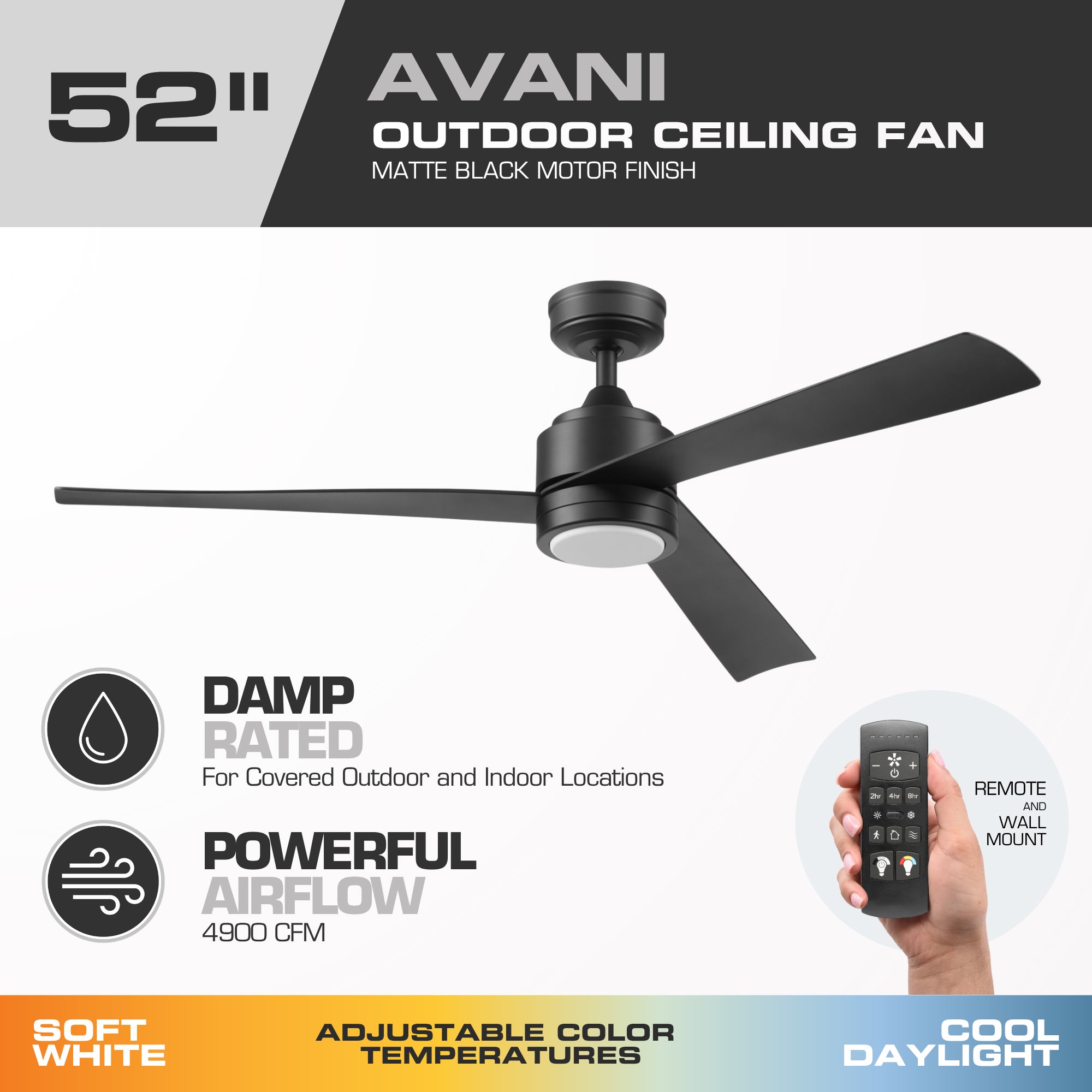 Mule Avani 52 Inch Damp-Rated Ceiling Fan With LED Light, Remote, Matte Black