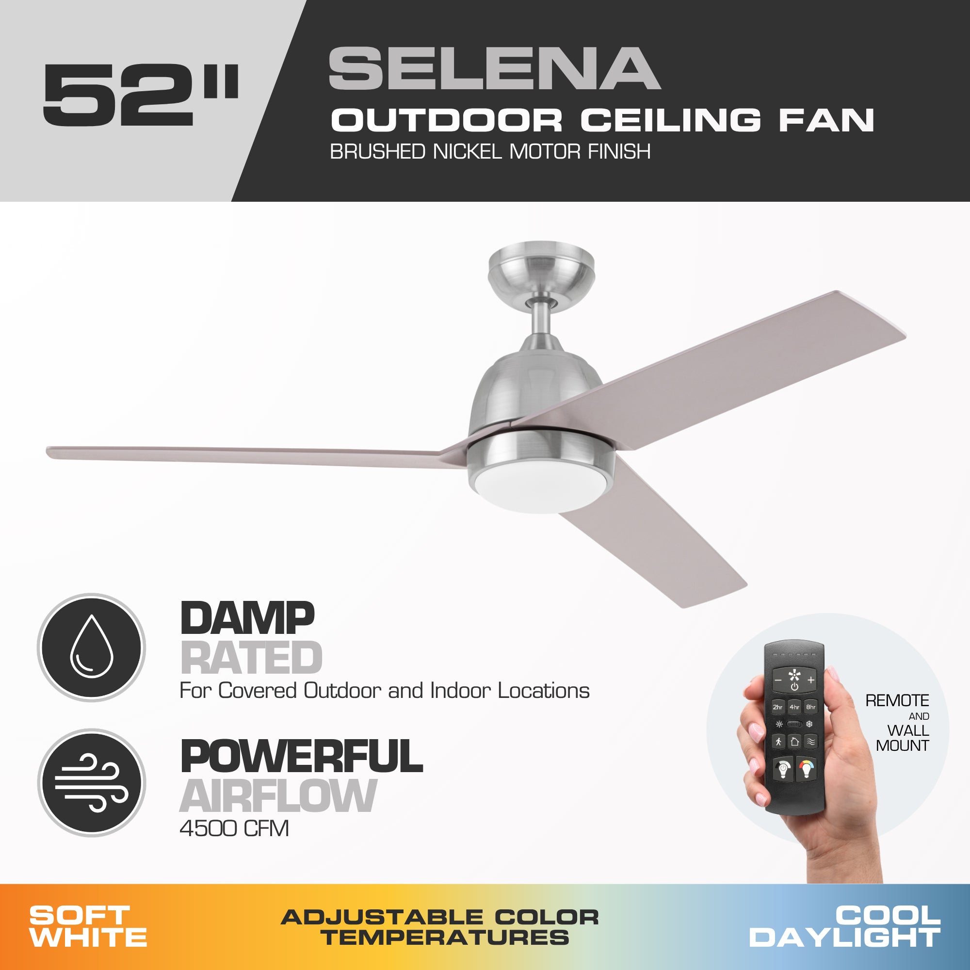 Mule Selana 52 Inch Damp-Rated Ceiling Fan, LED Light, Remote, Brushed Nickel