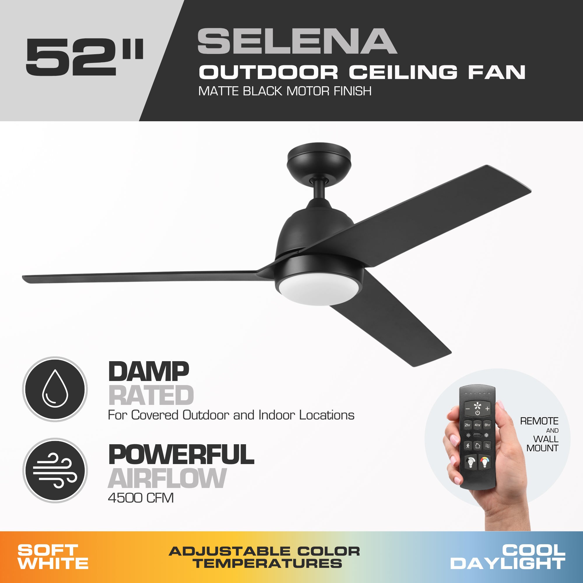 Mule Selana 52 Inch Damp-Rated Ceiling Fan with LED Light, Remote, Matte Black