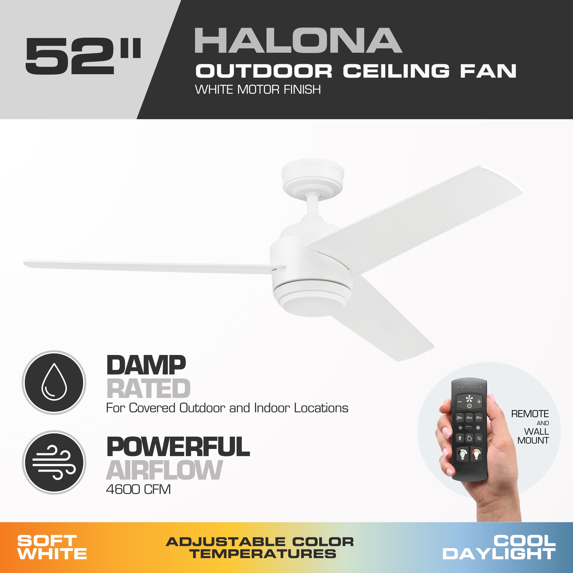 Mule Halona 52 Inch Damp-Rated Ceiling Fan With LED Light, Remote, White