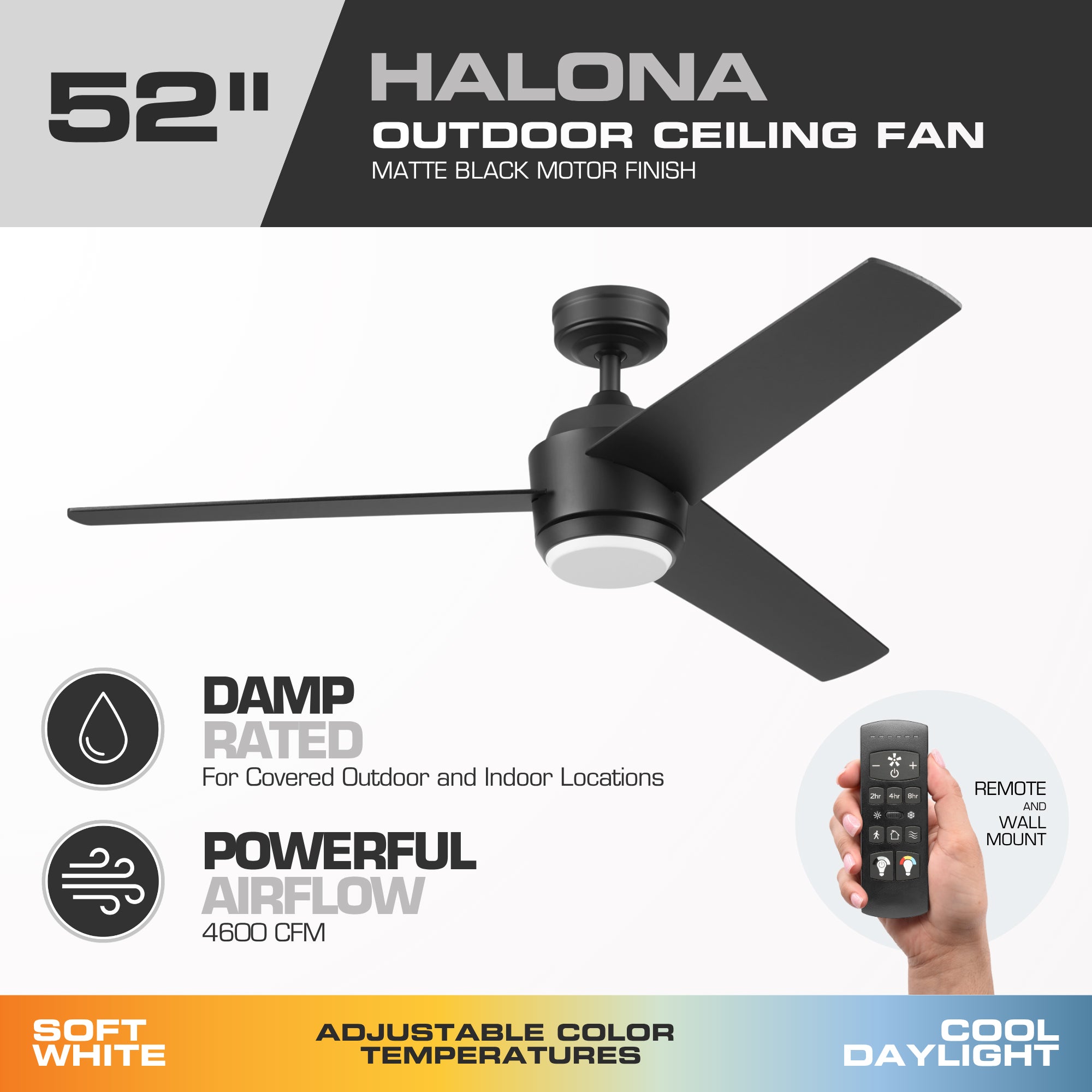 Mule Halona 52 Inch Damp-Rated Ceiling Fan With LED Light, Remote, Matte Black