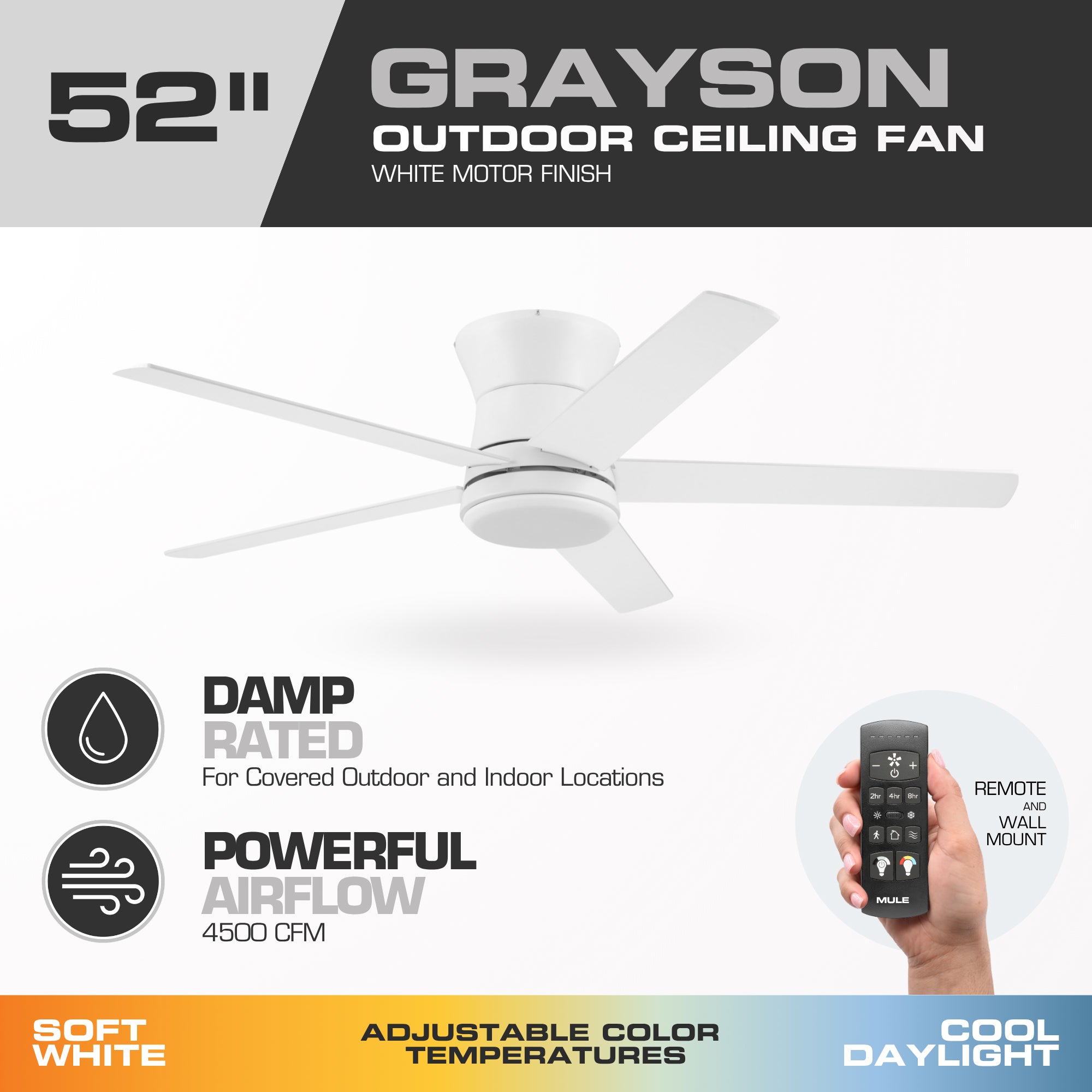 Mule Grayson 52 Inch Hugger Ceiling Fan With LED Light, Remote, White