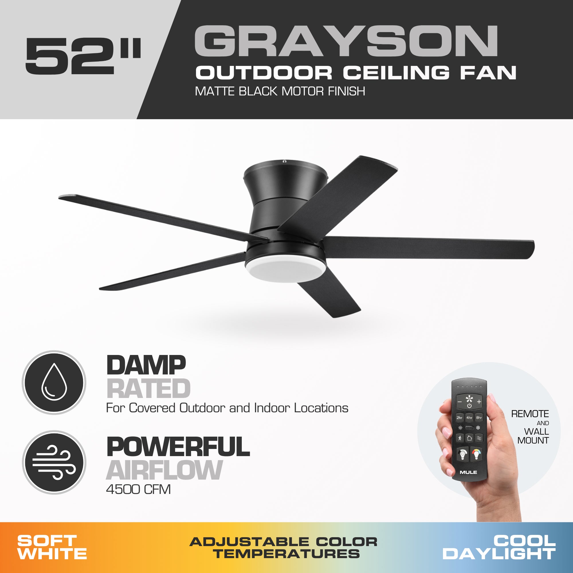 Mule Grayson 52 Inch Hugger Ceiling Fan With LED Light, Remote, Matte Black