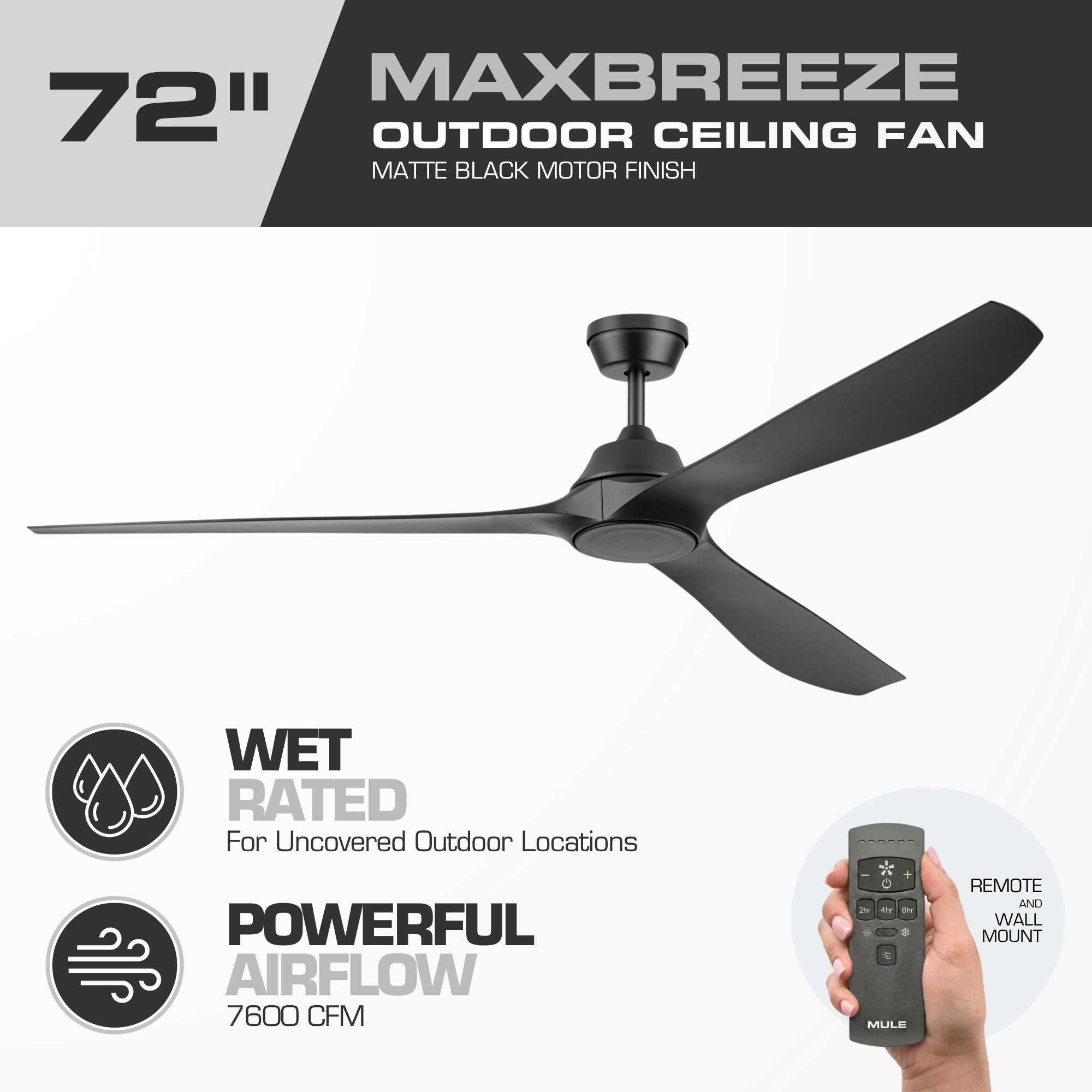 Mule Max Breeze 72" Wet Rated Indoor/Outdoor Ceiling Fan w/ Remote, Matte Black