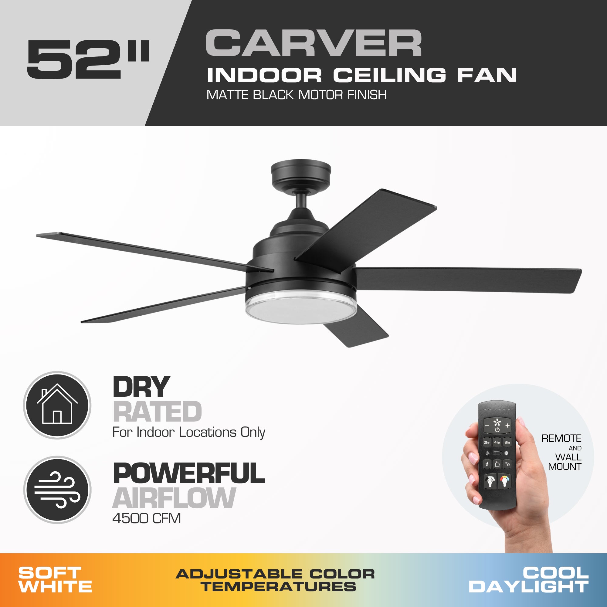 Mule Carver 52 Inch Ceiling Fan with LED Light, Remote, DC Motor, Matte Black