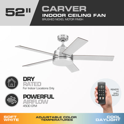 Mule Carver 52 Inch Ceiling Fan with LED Light, Remote, DC Motor, Brushed Nickel