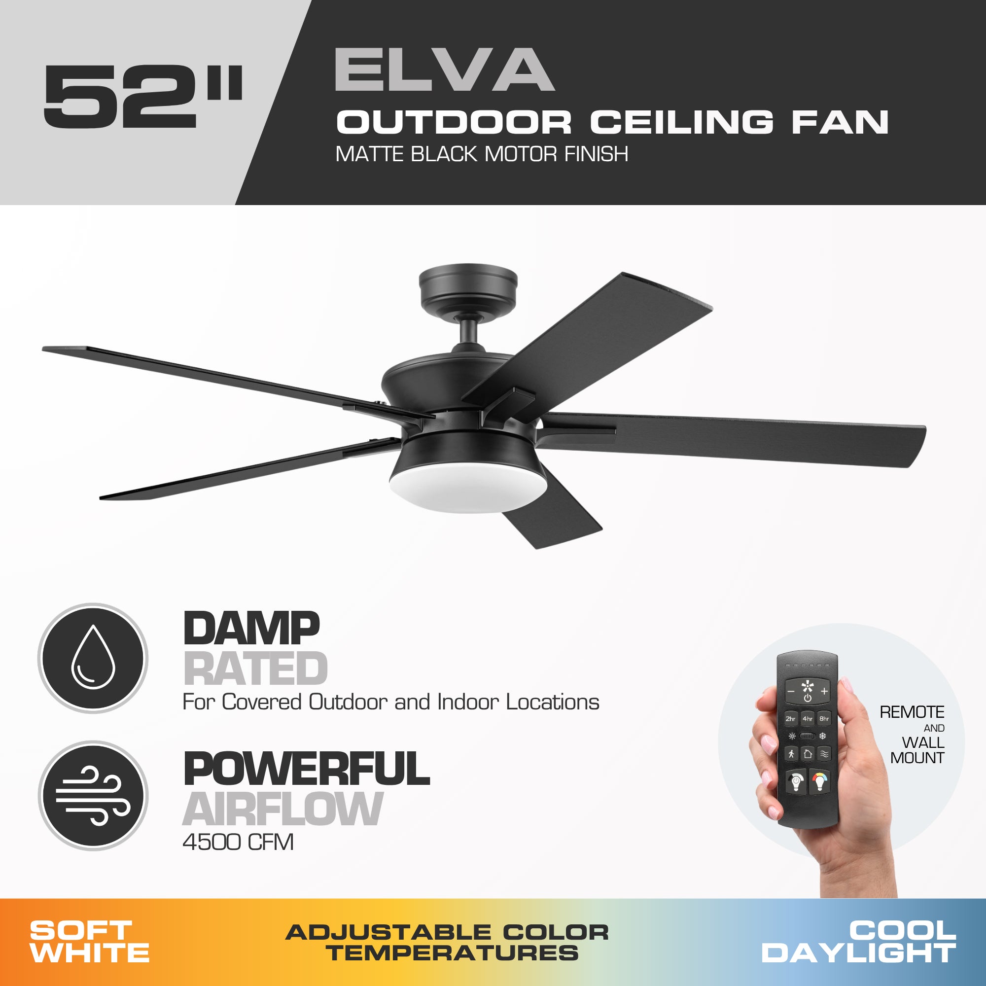 Mule Elva 52 Inch Indoor Ceiling Fan With LED Light, Remote Control, Matte Black