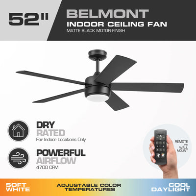 Mule Belmont 52 Inch Indoor Ceiling Fan with LED Light and Remote, Matte Black