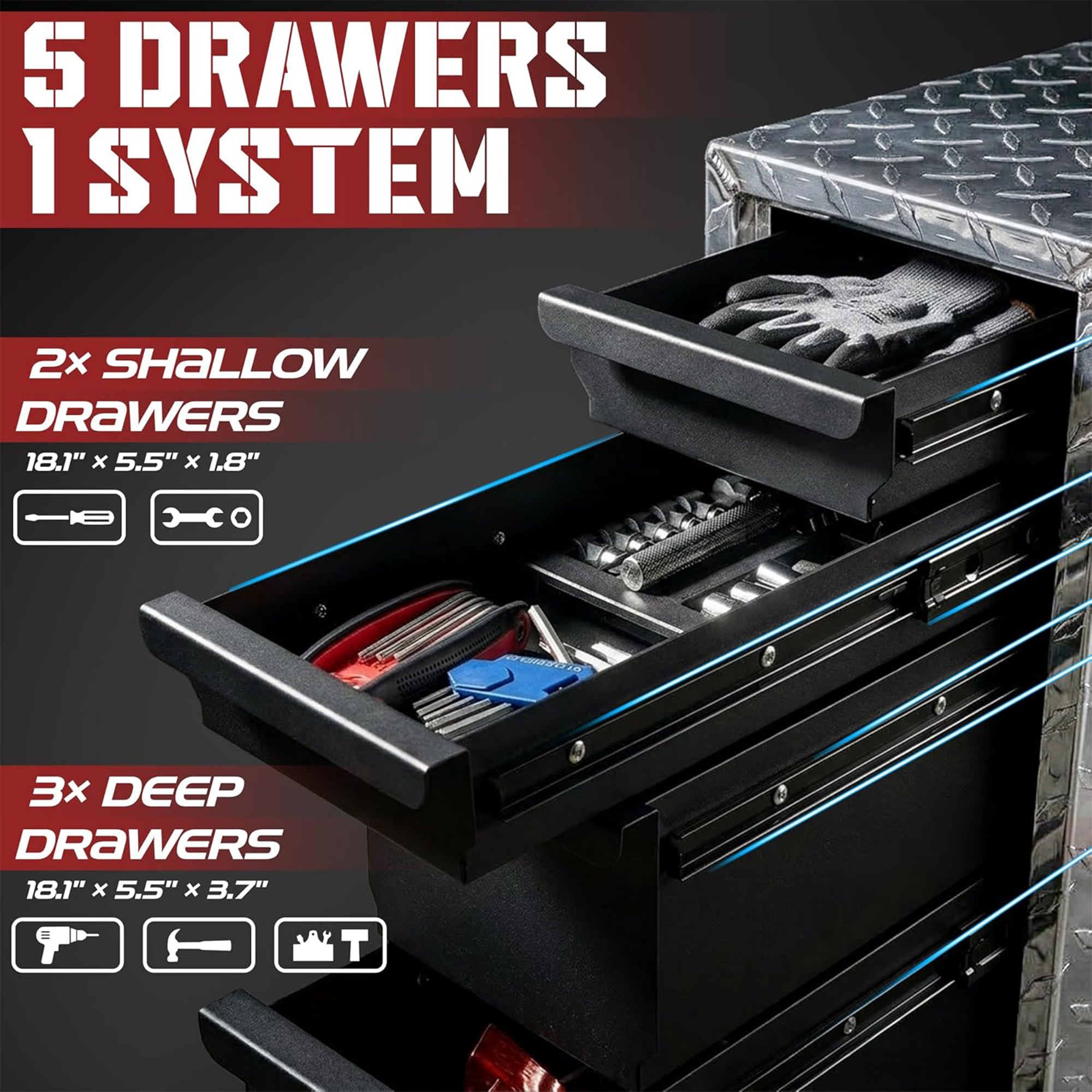 OLY-PRO Truck Bed Tool Box with 5-Drawer Slides, Lockable Heavy-Duty Storage