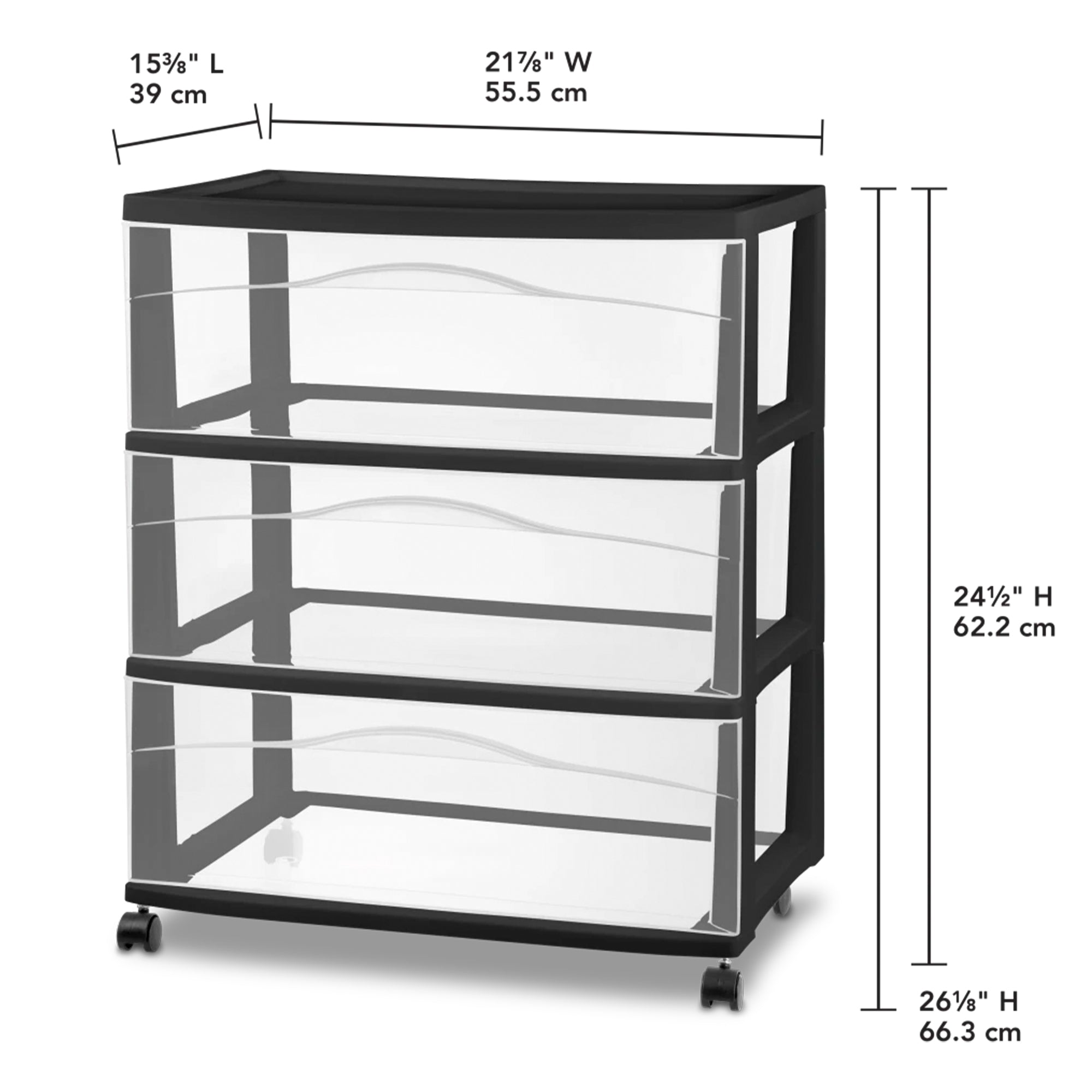 Sterilite Wide 3 Drawer Storage Cart, Plastic Rolling Organizer, Black Frame