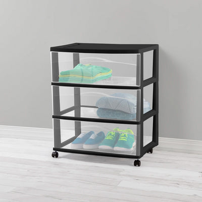 Sterilite Wide 3 Drawer Storage Cart, Plastic Rolling Organizer, Black Frame