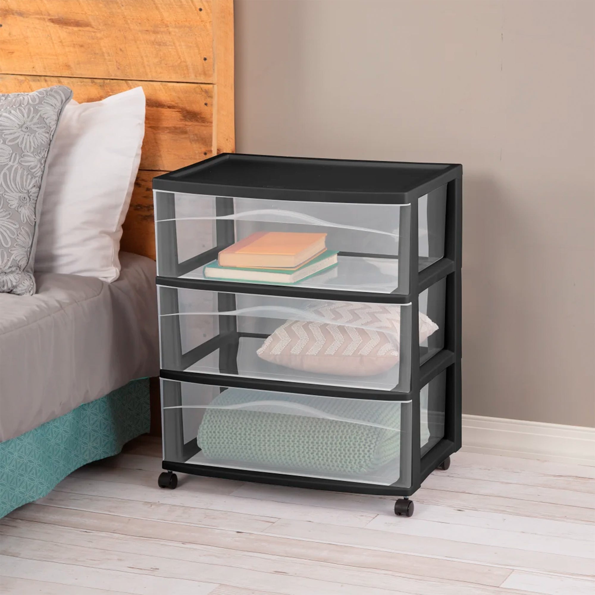 Sterilite Wide 3 Drawer Storage Cart, Plastic Rolling Organizer, Black, 3 Pack