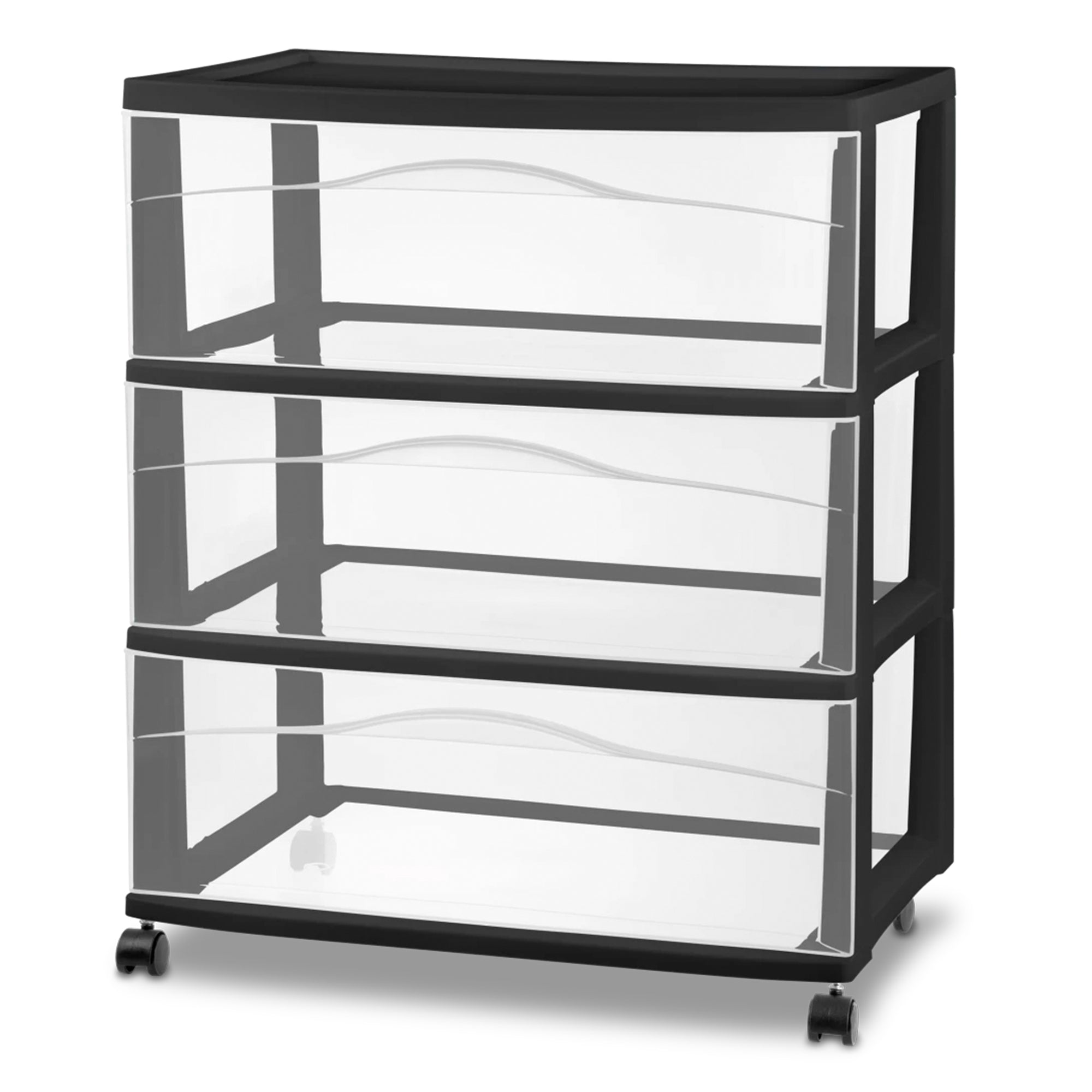 Sterilite Wide 3 Drawer Storage Cart, Plastic Rolling Organizer, Black Frame