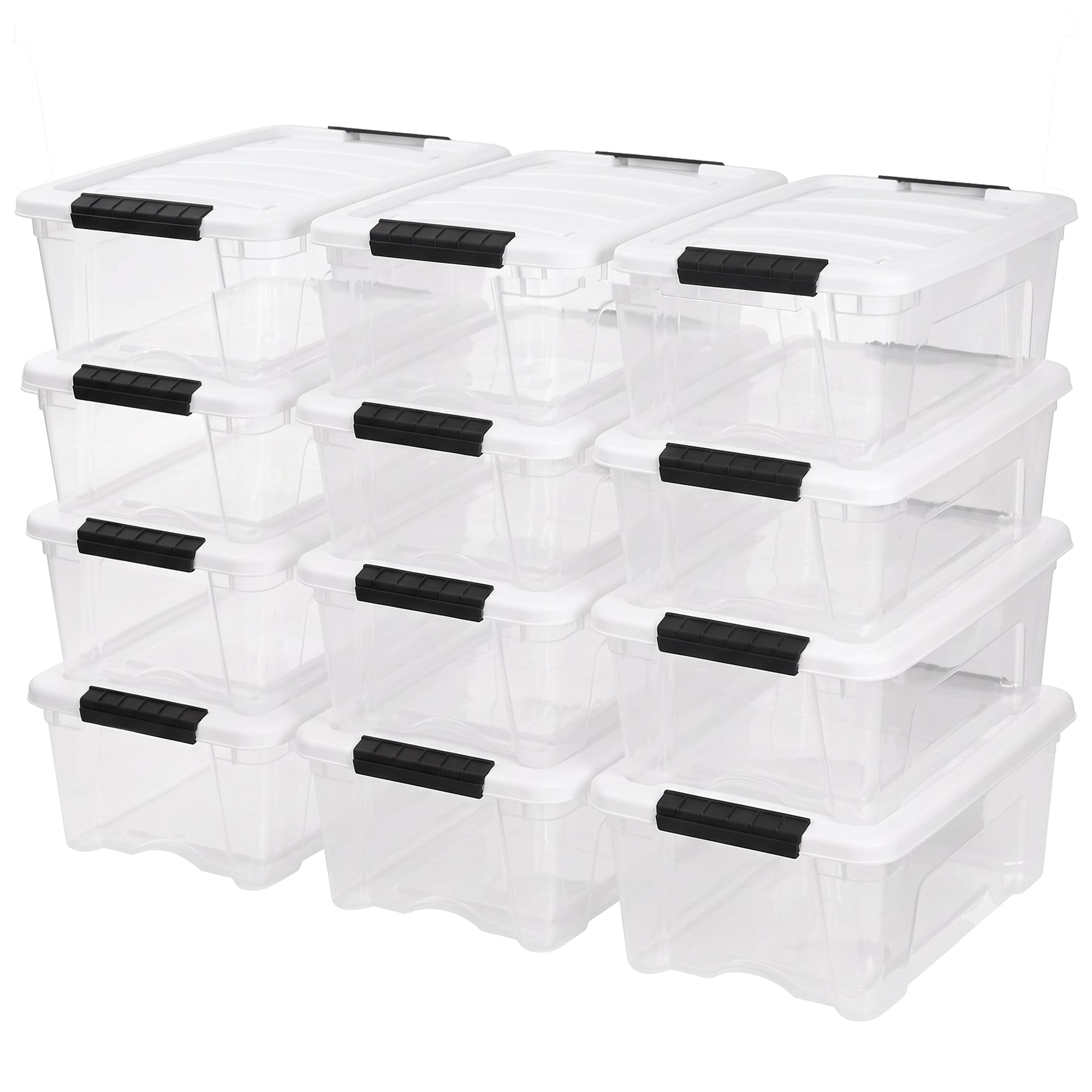 IRIS USA Stackable 13 Qt Storage Organizer Bins with Lids, Clear/White, 12-Pack