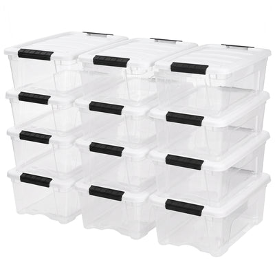 IRIS USA Stackable 13 Qt Storage Organizer Bins with Lids, Clear/White, 12-Pack