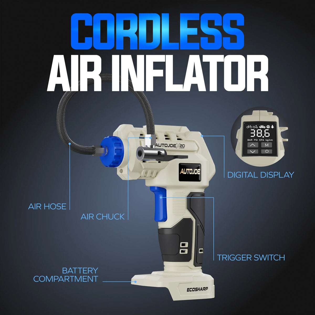 Auto Joe 20-Volt ECOSHARP X20 Cordless Air Compressor, 150 PSI Max, X20-AIR-2A