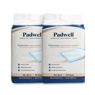 Padwell Absorbent Pads for Bed and Floor Protection, 36 x 36 Inches, 100 Count