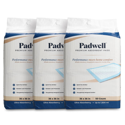 Padwell Absorbent Pads for Bed and Floor Protection, 36 x 36 Inches, 150 Count