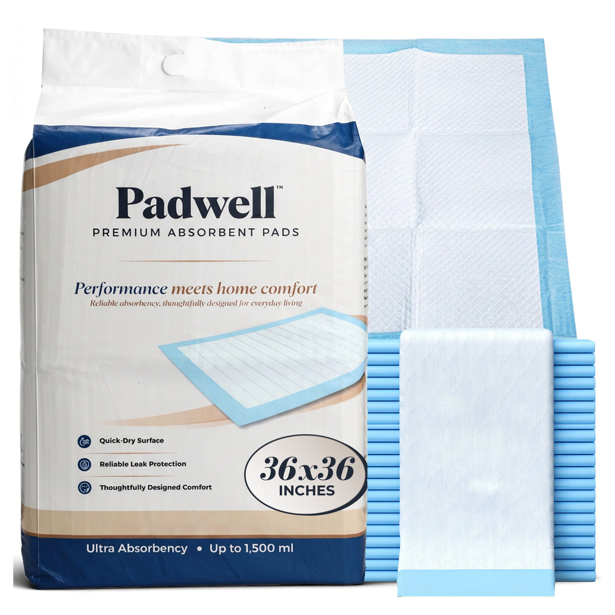 Padwell Absorbent Pads for Bed and Floor Protection, 36 x 36 Inches, 150 Count - VMInnovations