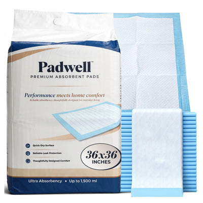Padwell Absorbent Pads for Bed and Floor Protection, 36 x 36 Inches, 150 Count - VMInnovations