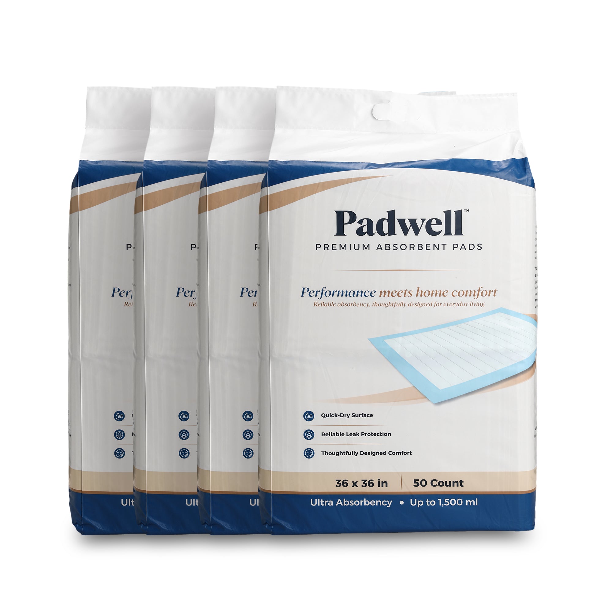 Padwell Absorbent Pads for Bed and Floor Protection, 36 x 36 Inches, 200 Count