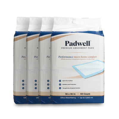 Padwell Absorbent Pads for Bed and Floor Protection, 36 x 36 Inches, 200 Count