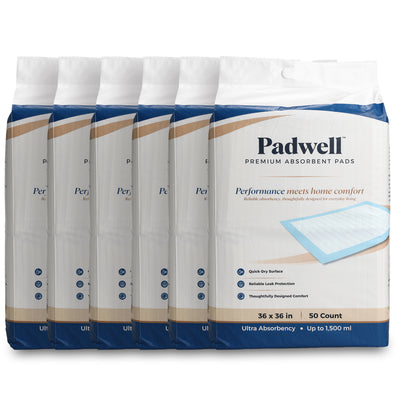 Padwell Absorbent Pads for Bed and Floor Protection, 36 x 36 Inches, 300 Count