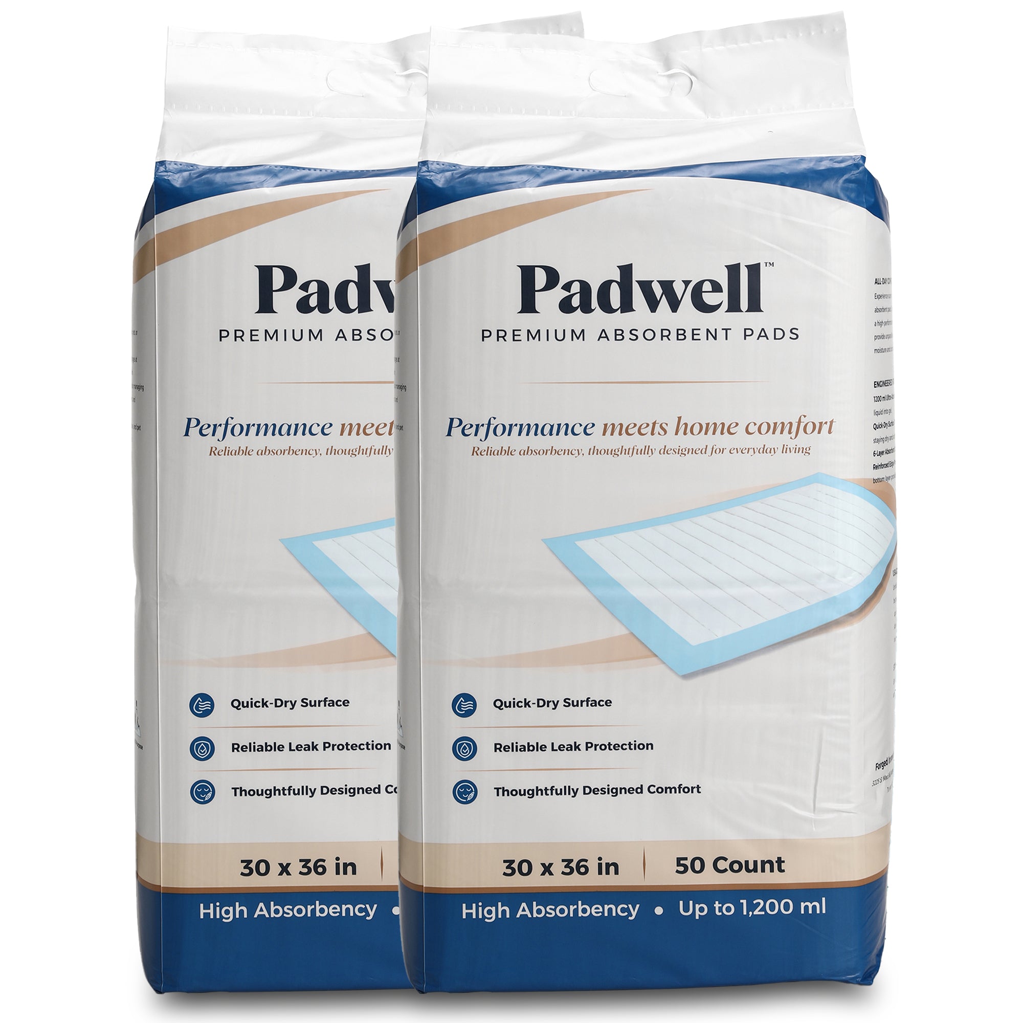 Padwell Absorbent Pads for Bed and Floor Protection, 30 x 36 Inches, 100 Count