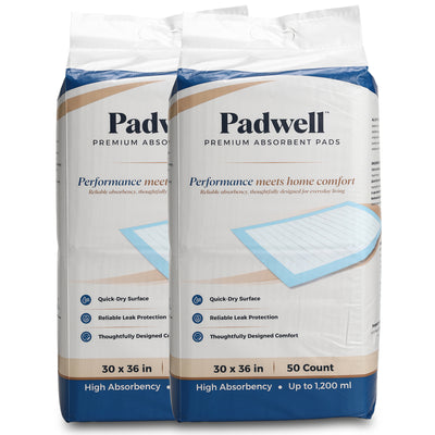 Padwell Absorbent Pads for Bed and Floor Protection, 30 x 36 Inches, 100 Count