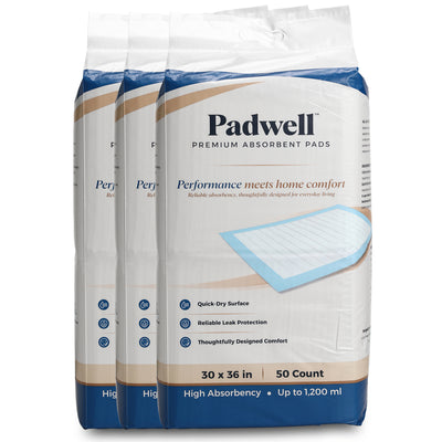 Padwell Absorbent Pads for Bed and Floor Protection, 30 x 36 Inches, 150 Count
