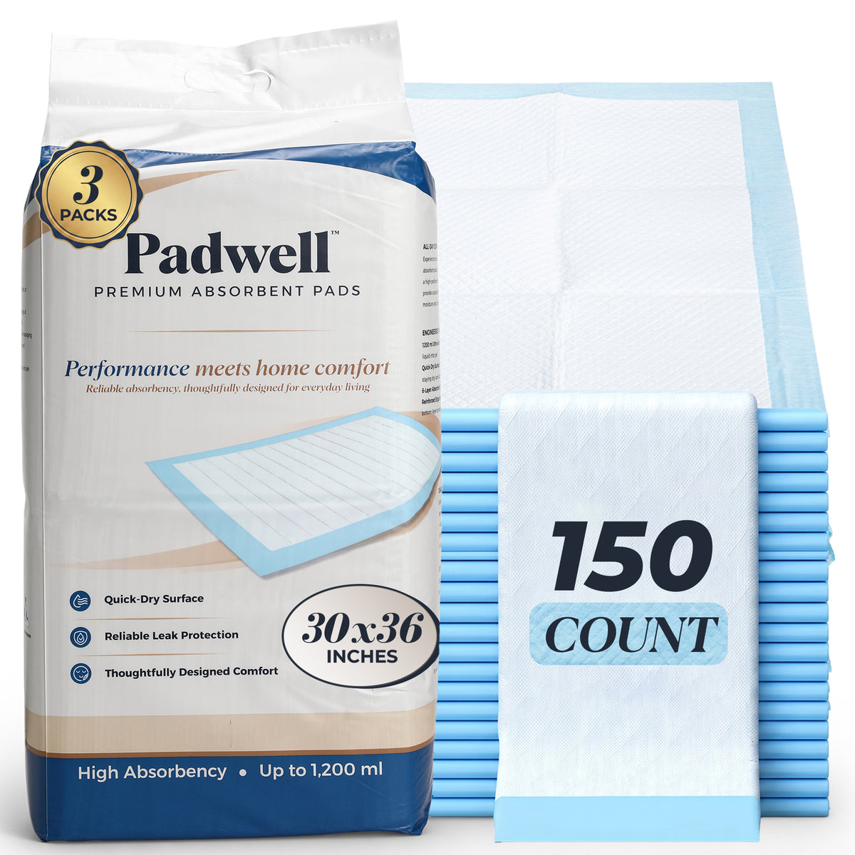 Padwell Absorbent Pads for Bed and Floor Protection, 30 x 36 Inches, 150 Count
