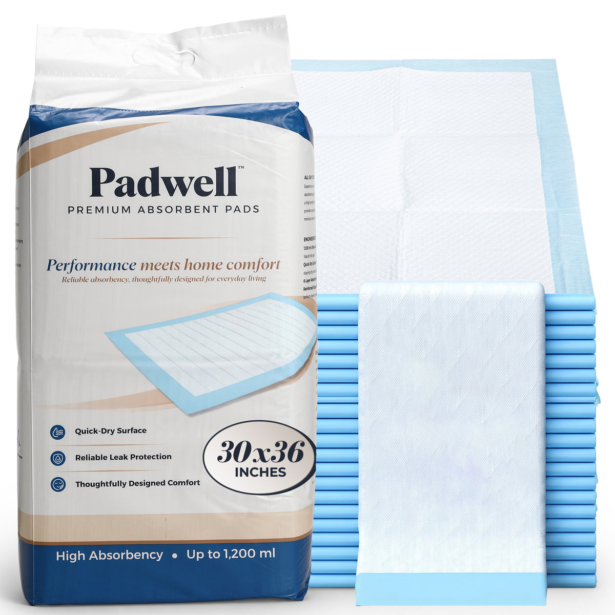 Padwell Absorbent Pads for Bed and Floor Protection, 30 x 36 Inches, 150 Count - VMInnovations