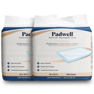 Padwell Absorbent Pads for Bed and Floor Protection, 22 x 22 Inches, 200 Count