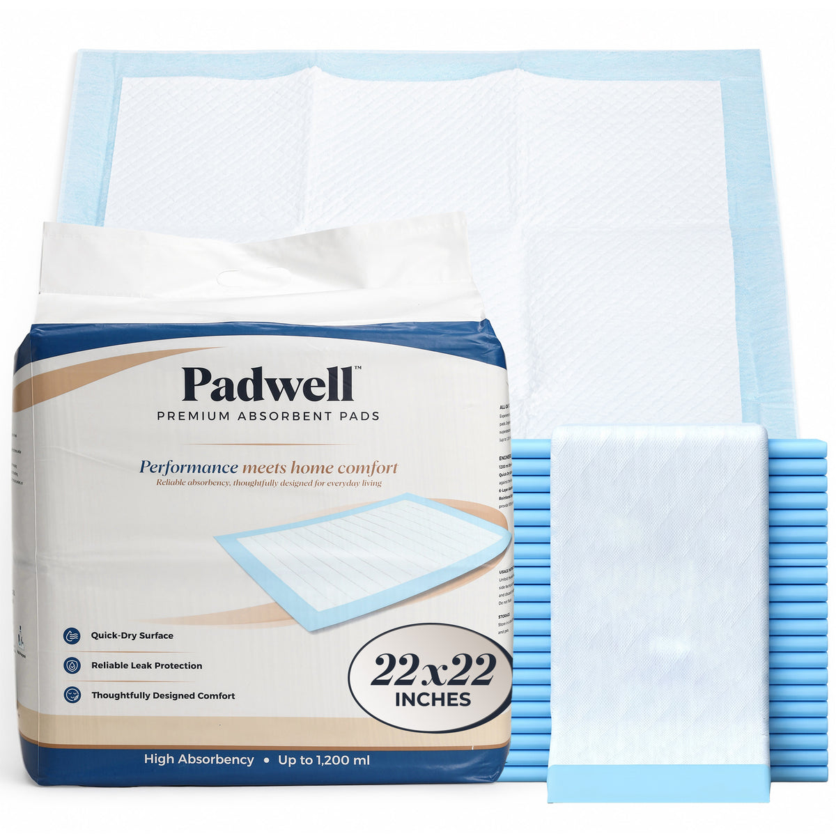 Padwell Absorbent Pads for Bed and Floor Protection, 22 x 22 Inches, 200 Count - VMInnovations
