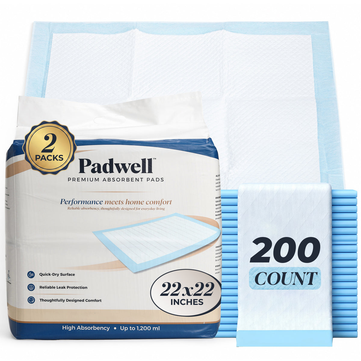 Padwell Absorbent Pads for Bed and Floor Protection, 22 x 22 Inches, 200 Count