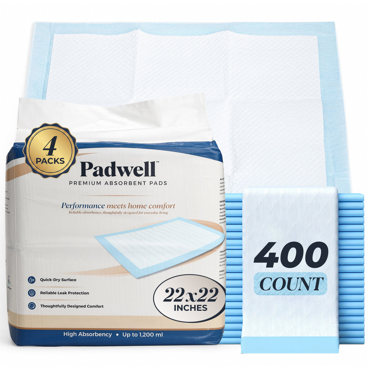 Padwell Absorbent Pads for Bed and Floor Protection, 22 x 22 Inches, 400 Count