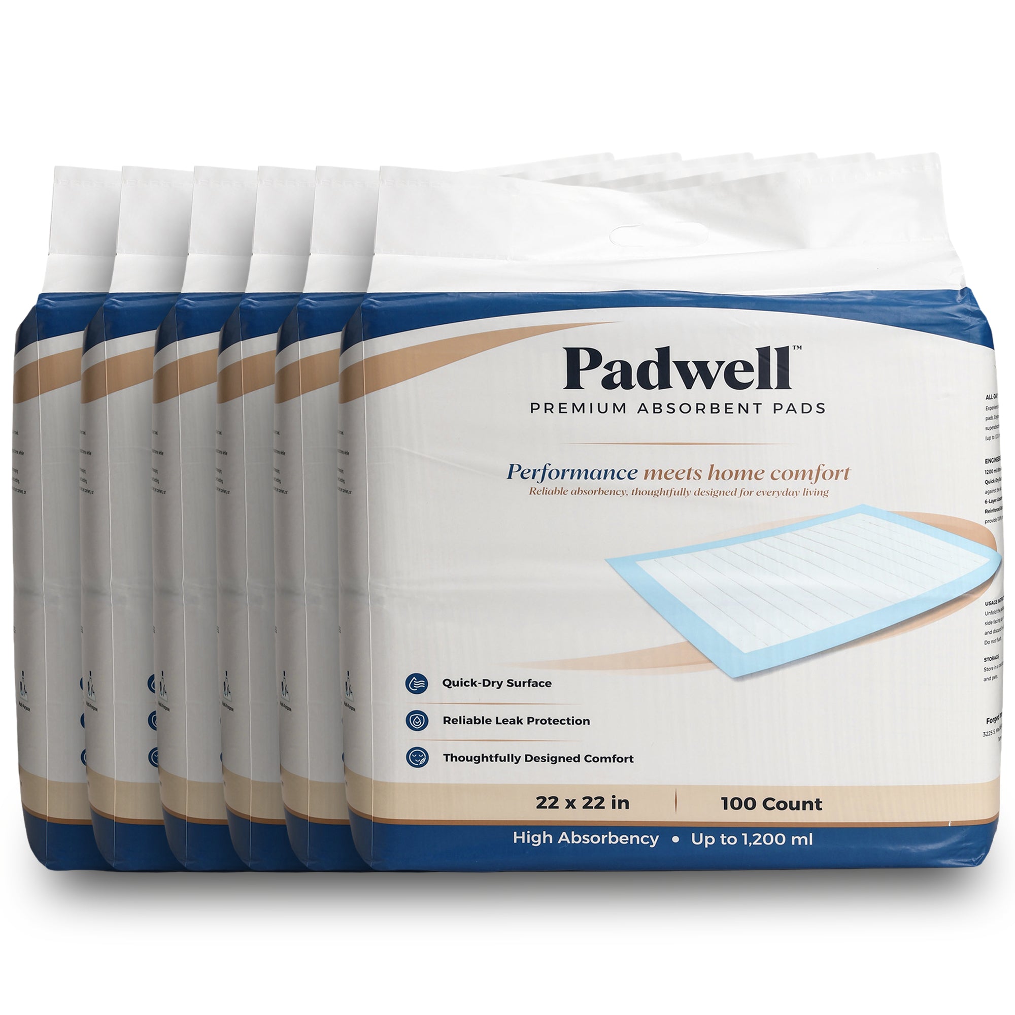 Padwell Absorbent Pads for Bed and Floor Protection, 22 x 22 Inches, 600 Count