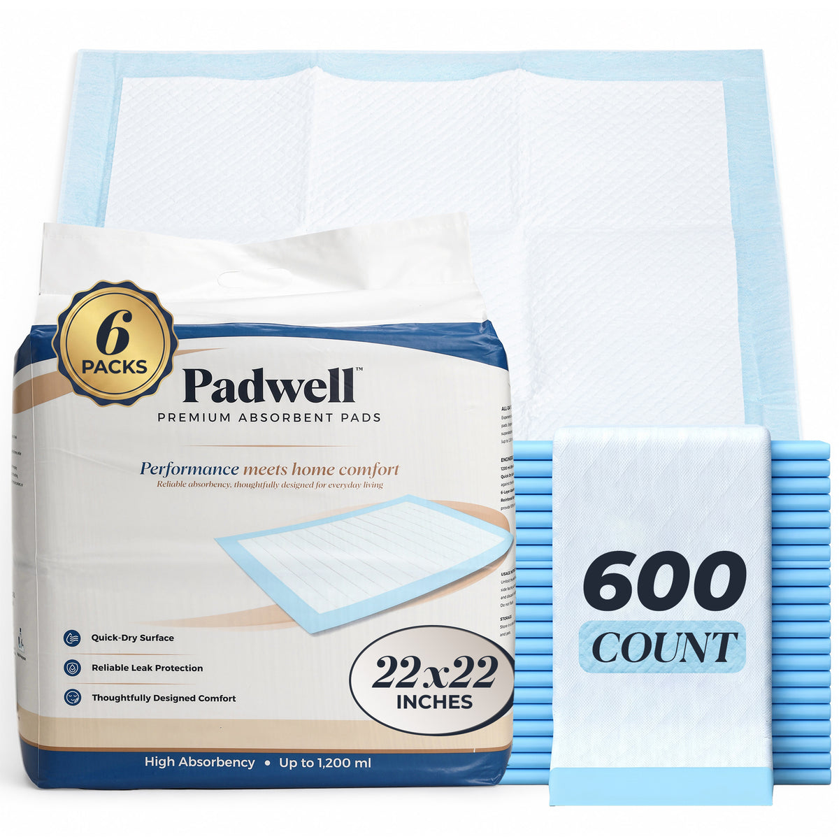 Padwell Absorbent Pads for Bed and Floor Protection, 22 x 22 Inches, 600 Count