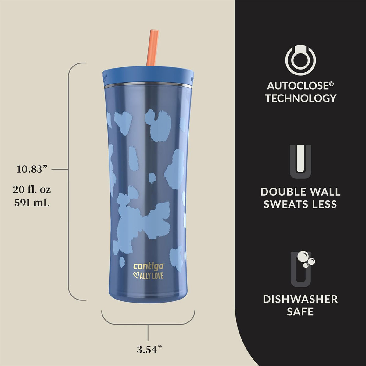 Contigo x Ally Love Shake and Go Tumbler with Autoclose Lid, 20 oz, Stellar Jay